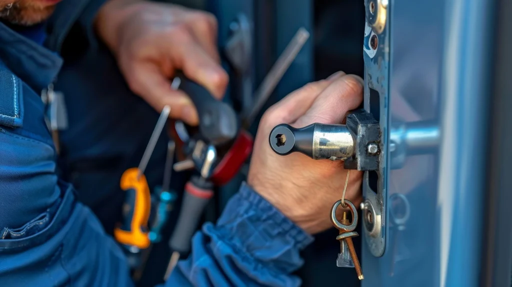 looking over professional locksmith shoulder