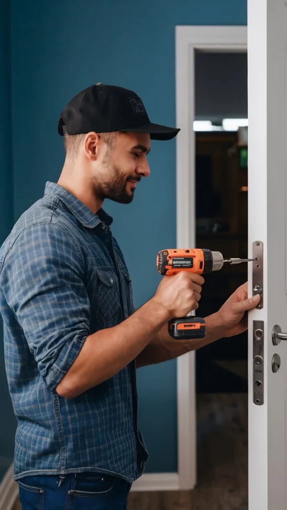 profile view attractive-handyman using power drill fix door